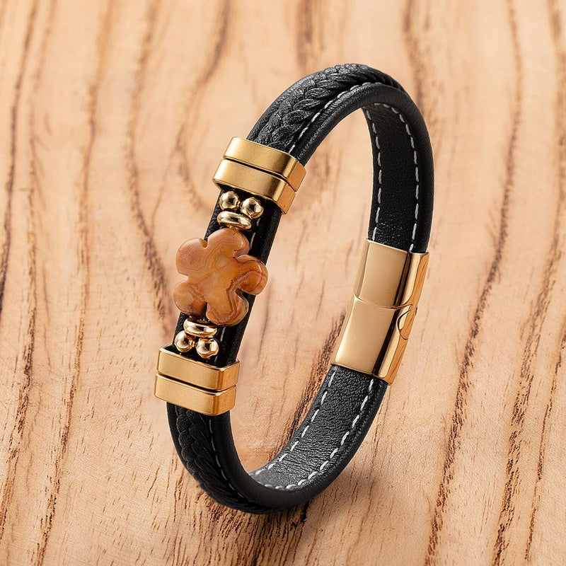 Black Braided Leather Bracelet with Green Jade Beads - Stylish Multi-Layer Magnetic Clasp Jewelry for Casual Wear and Gifts Gold-A