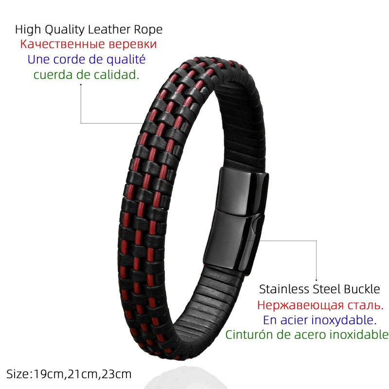 Men's Black and Red Leather Bracelet for Unique Gifts