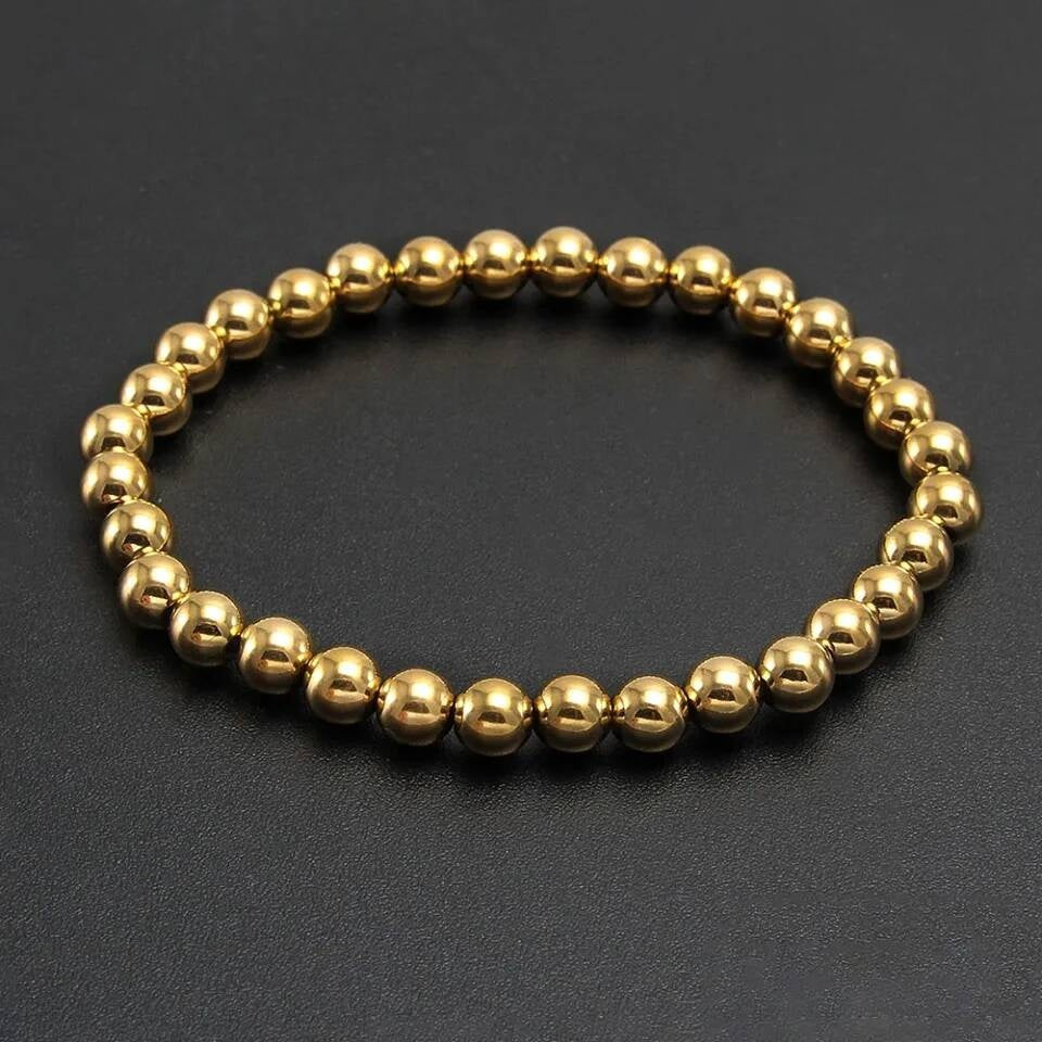 Gold Bead Bracelet – 316L Stainless Steel Polished Ball Beads Elastic Wristband, Minimalist Unisex Jewelry
