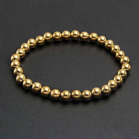 Gold Bead Bracelet – 316L Stainless Steel Polished Ball Beads Elastic Wristband, Minimalist Unisex Jewelry