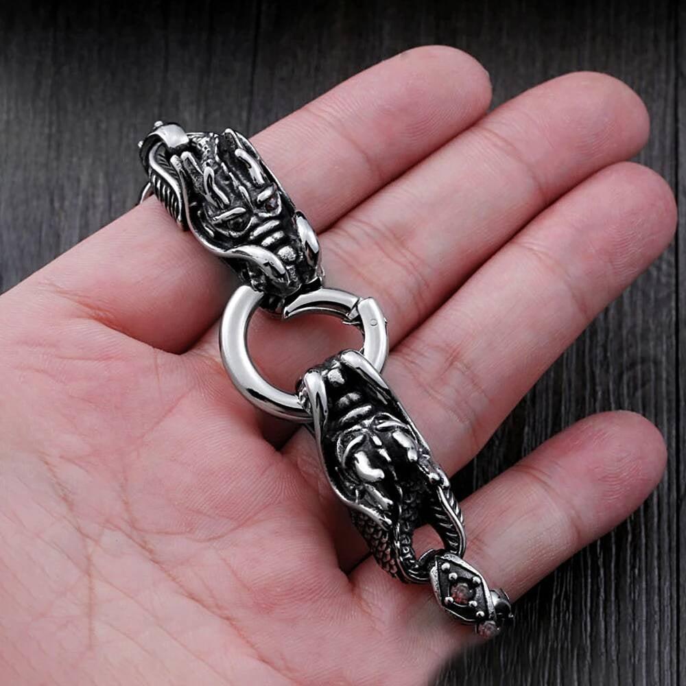 Viking Dragon Head Chain Bracelet with Red Gem Eyes – Stainless Steel
