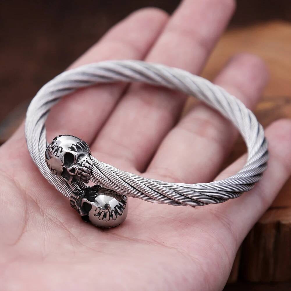 Twisted Cable Skull Cuff Bracelet for Men Gothic Punk Rock Biker Jewelry 316L Stainless Steel Open Bangle