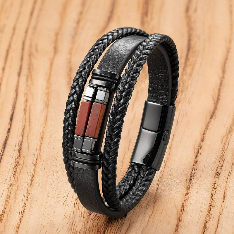 Black Braided Leather Bracelet with Green Jade Beads - Stylish Multi-Layer Magnetic Clasp Jewelry for Casual Wear and Gifts Style-C