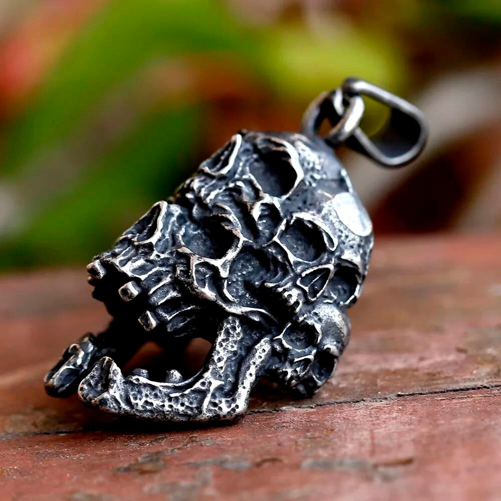 Stacked Skull Pendant Necklace, Silver Gothic Jewelry with Dark Symbolism
