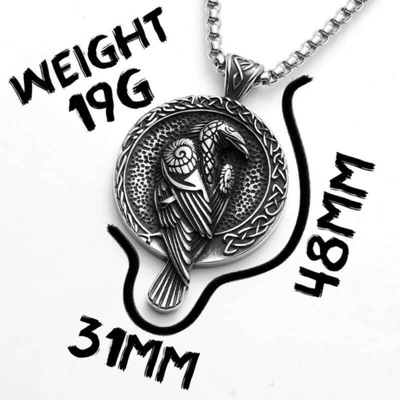 316L Stainless Steel Viking Raven Rune Pendant Necklace – Norse Amulet for Men