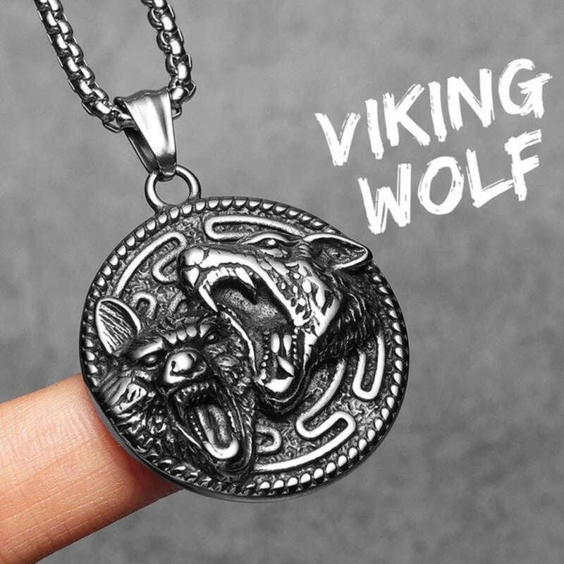 Dual Wolf Pendant Necklace, Fierce Silver Tribal Jewelry with Howling Wolves Design N1503-60cm chain-S