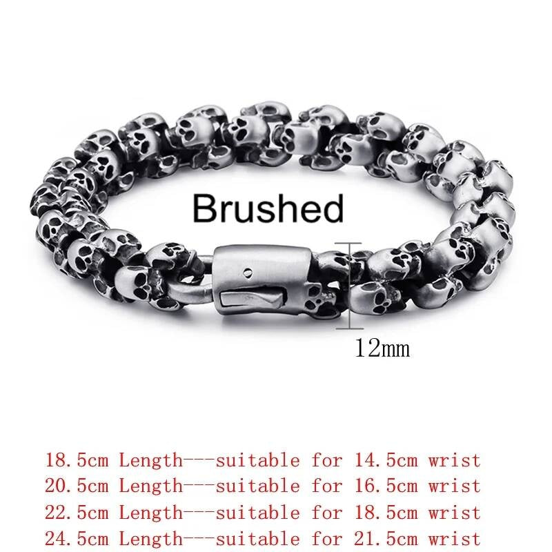 12/15mm Evil Ghost Head Skull Chain Bracelet Men 316L Stainless Steel Punk Shiny Matte Biker Rock Demon Jewelry 12mm Width Brushed
