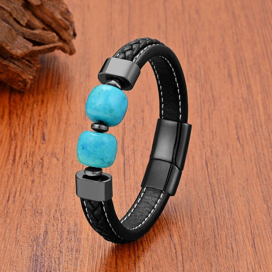 Black Braided Leather Bracelet with Green Jade Beads - Stylish Multi-Layer Magnetic Clasp Jewelry for Casual Wear and Gifts Black