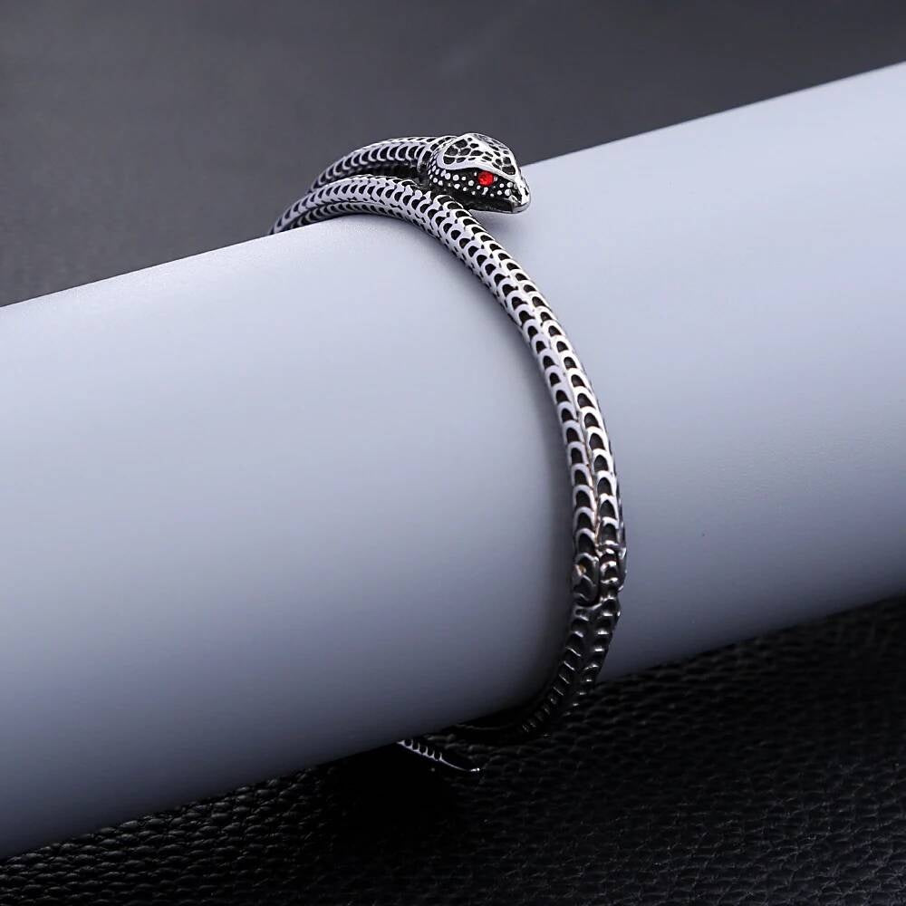 Snake Wrap Bracelet – Stainless Steel Serpent Bangle with Red Eyes