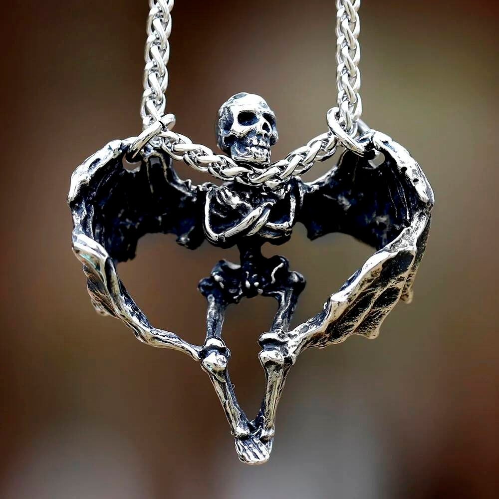 Skeletons in Coffin Pendant Necklace, Gothic Silver Jewelry with Death and Love Symbolism LP-1171 CN