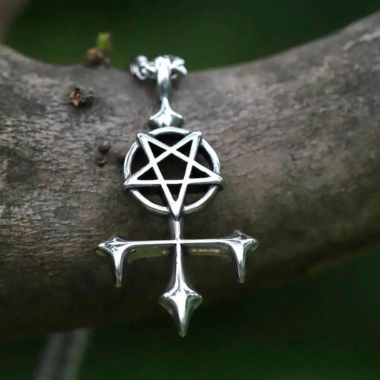 Pentagram Cross Pendant Necklace, Silver Gothic Jewelry with Occult Symbol