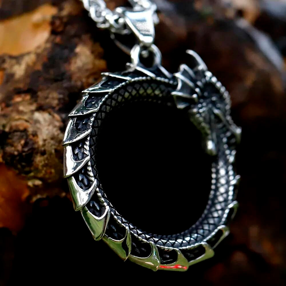Ouroboros Dragon Pendant Necklace – Silver Dragon Ring Amulet