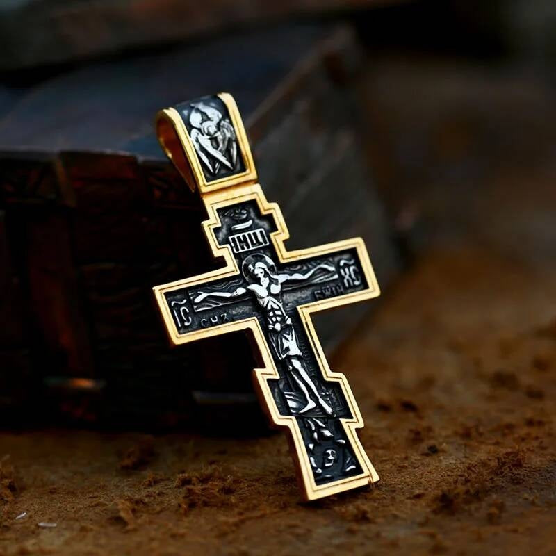 Men's 316L Stainless Steel Jesus Cross Pendant Necklace Religious Punk Jewelry LP-515-gold CN