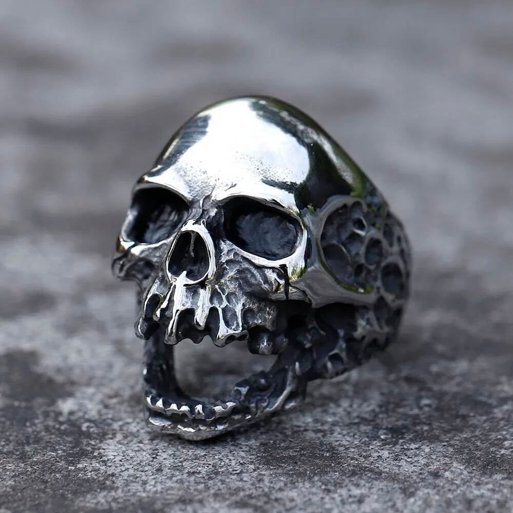 Large Fierce Skull Ring - Vintage Stainless Steel Gothic Punk Jewelry Antique Black