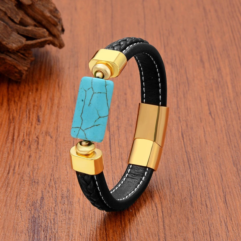 Oblong Agates Tiger Eye Beads Bracelet Women Accessories Leather Bangle Matching Bracelets for Man European and American Turquoise-Gold