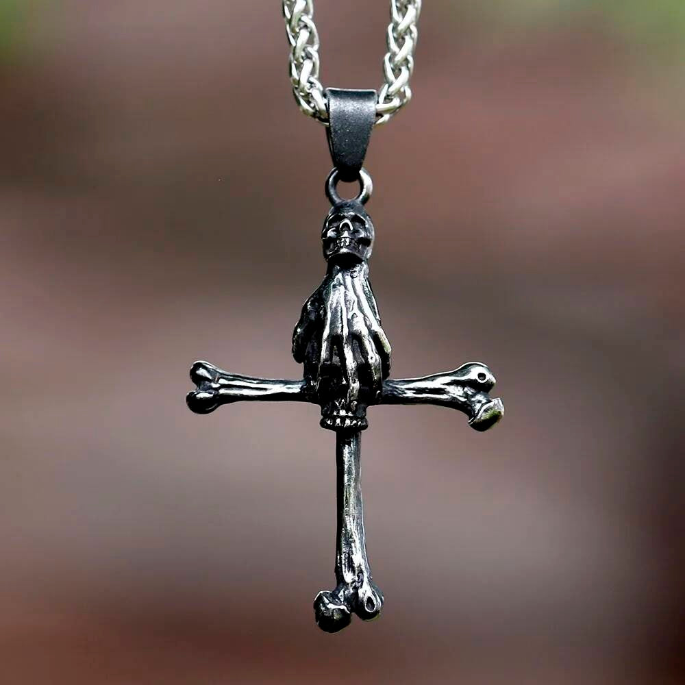 316L Stainless Steel Gothic Skull Hand Cross Pendant Necklace Punk Jewelry