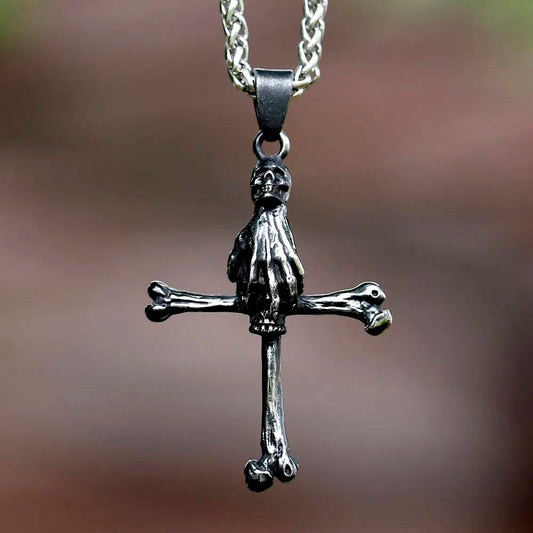 316L Stainless Steel Gothic Skull Hand Cross Pendant Necklace Punk Jewelry