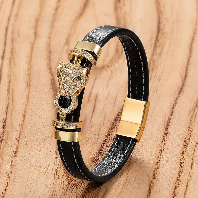 Black Braided Leather Bracelet with Green Jade Beads - Stylish Multi-Layer Magnetic Clasp Jewelry for Casual Wear and Gifts Gold-D