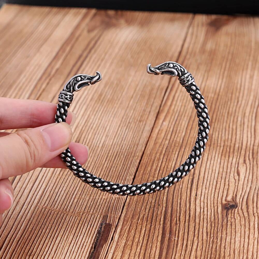 Viking Dragon Head Stainless Steel Bracelet – Norse Dragon Scale Cuff