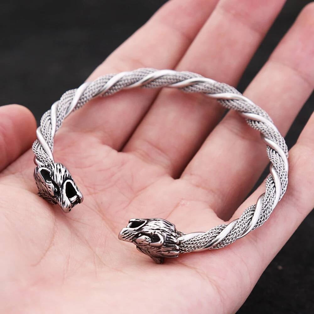 Wolf Head Stainless Steel Bangle – Viking Norse Open Cuff Bracelet
