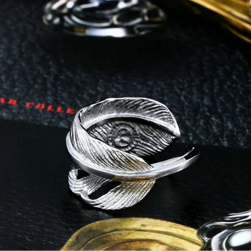 316L Stainless Steel Feather Ring Adjustable Nature Inspired Jewelry