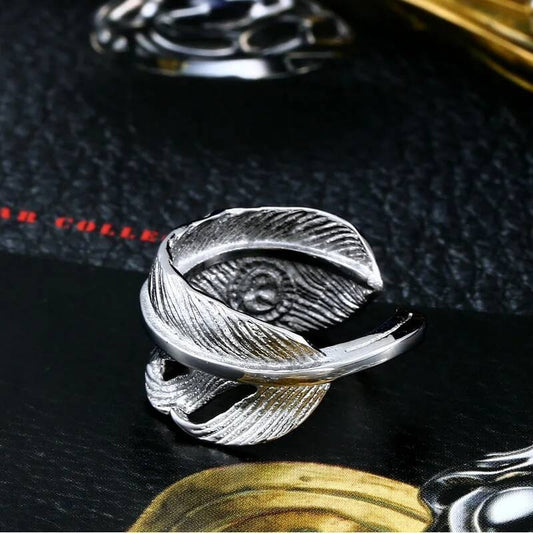 316L Stainless Steel Feather Ring Adjustable Nature Inspired Jewelry
