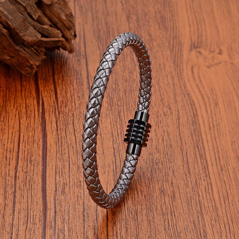 Simple Champagne Color Weave Leather Men Industrial Wind Stainless Steel Buckle Bracelet for Women High Quality Jewelry Gray Rope-Black