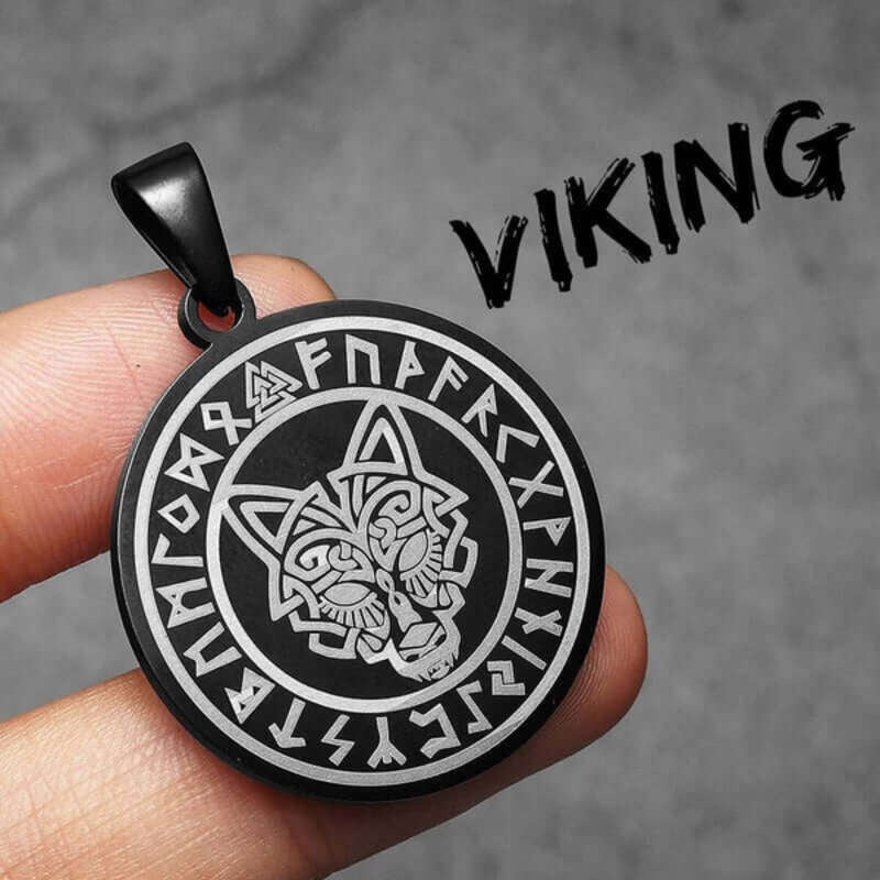 Men’s Viking Wolf Head Rune Pendant Necklace – 316L Stainless Steel Norse Amulet N1501-Only Pendant-B