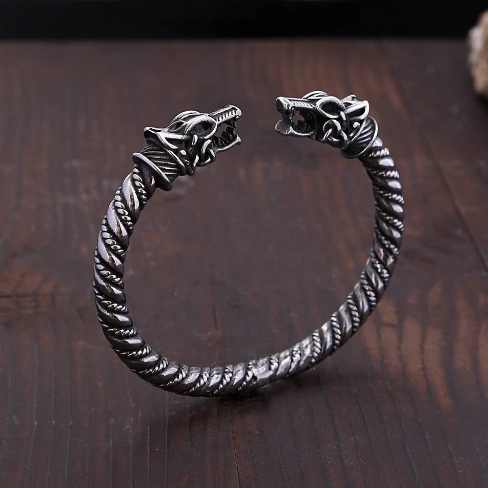 Viking Wolf Head Cuff Bracelet – Norse Mythology Stainless Steel Armring