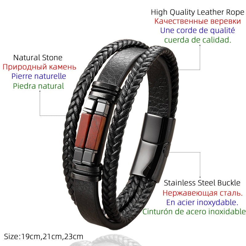 Black Braided Leather Bracelet with Green Jade Beads - Stylish Multi-Layer Magnetic Clasp Jewelry for Casual Wear and Gifts