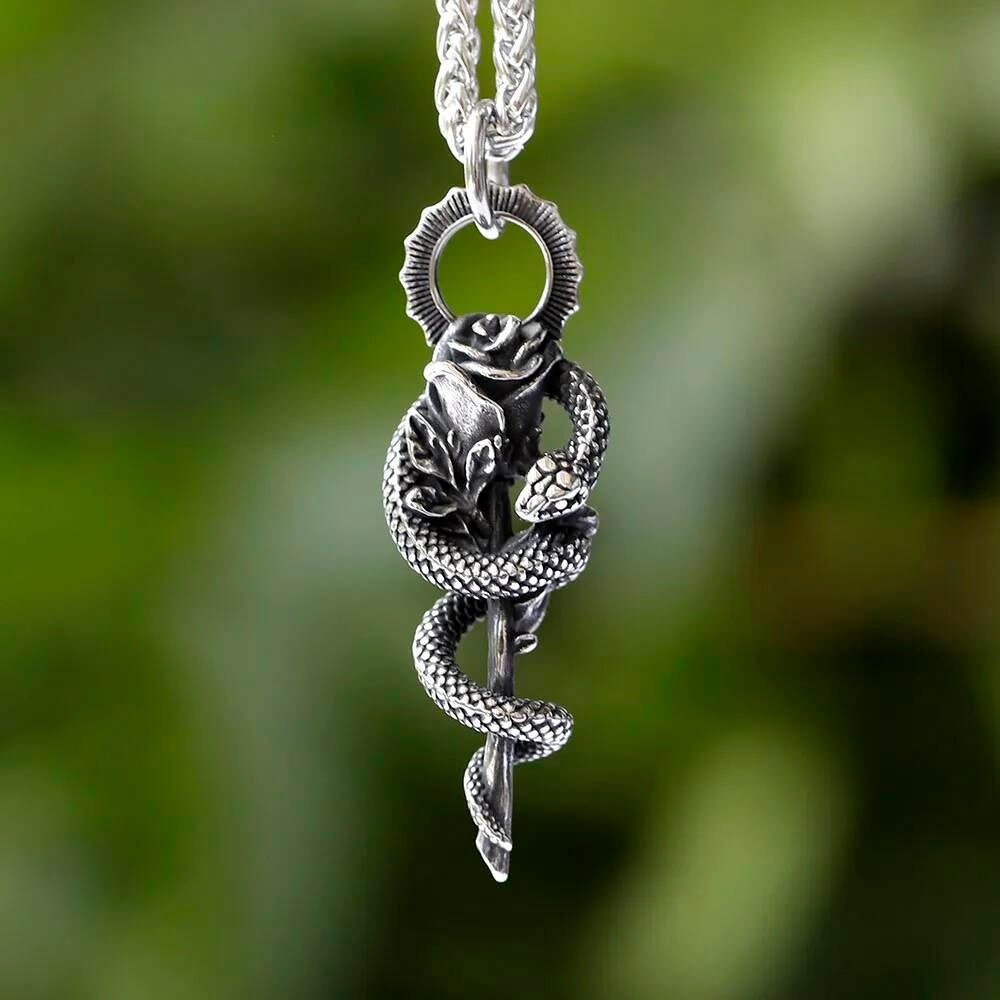Snake and Rose Pendant Necklace – Gothic Key Jewelry with Snake and Rose Detail