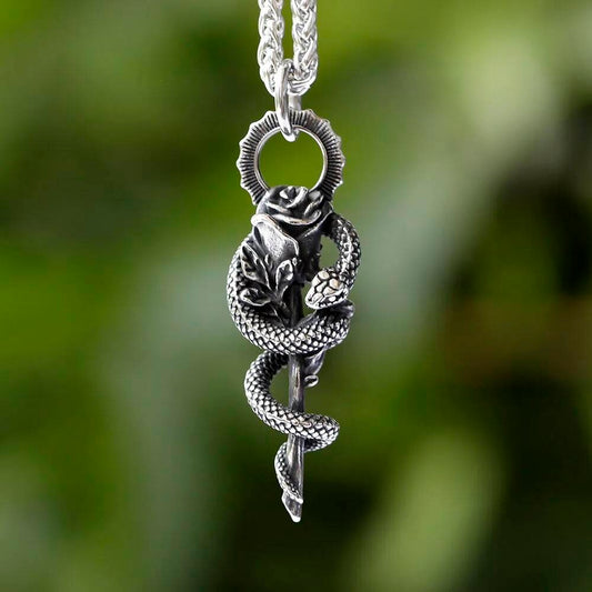 Snake and Rose Pendant Necklace – Gothic Key Jewelry with Snake and Rose Detail