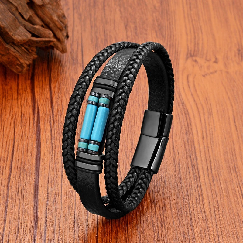 Trend Natural Stone Beads Bracelets Bohemia Jewelry Vintage Multilayer Leather Chain Friendship Bangles Boyfriend Gifts Blue Stone