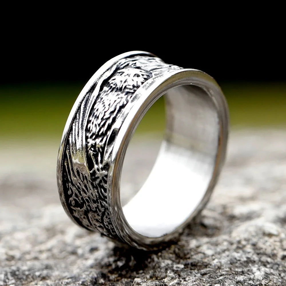 Viking Spindrift Pattern Stainless Steel Round Ring With Owl Design,