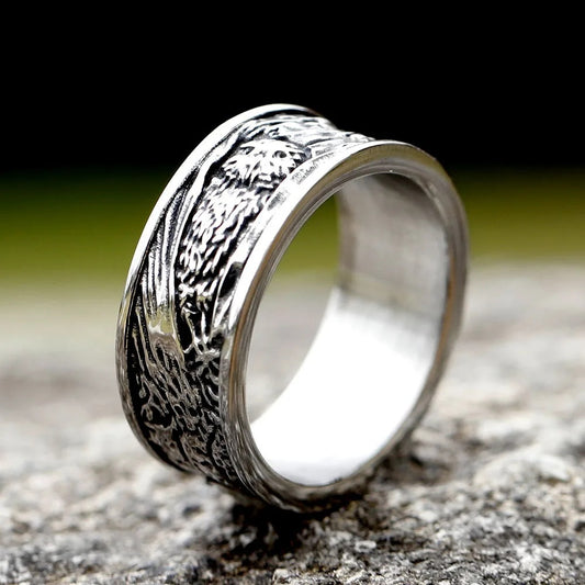 Viking Spindrift Pattern Stainless Steel Round Ring With Owl Design,