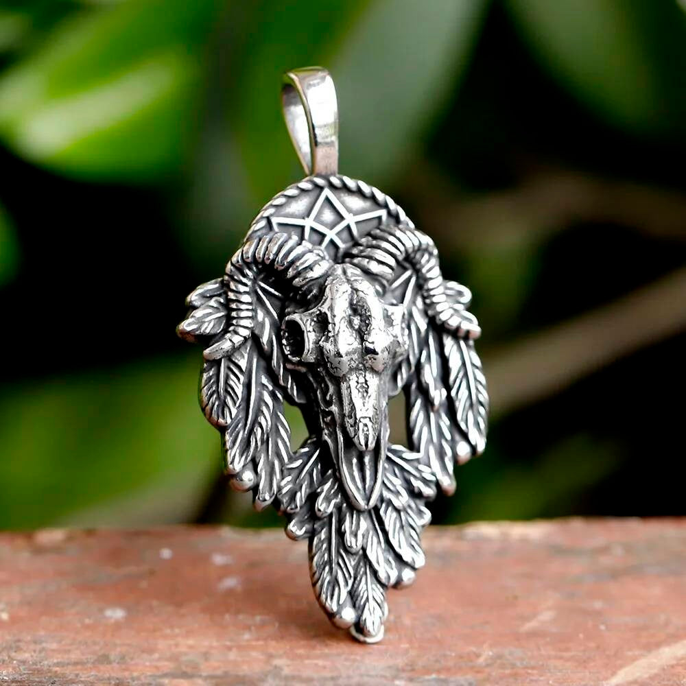 Ram Skull and Feather Pendant Necklace – Mystical Spiritual Jewelry