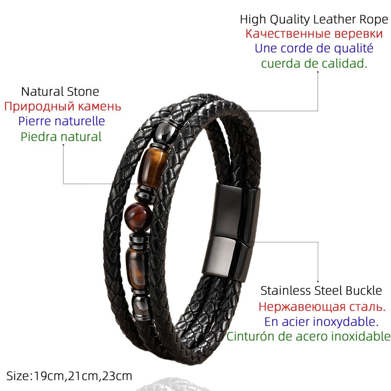 Black Braided Leather Bracelet with Green Jade Beads - Stylish Multi-Layer Magnetic Clasp Jewelry for Casual Wear and Gifts