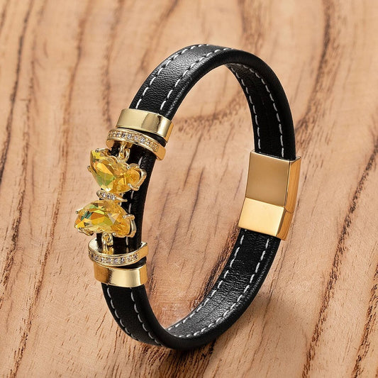 Men's Black Leather Gold Bow Accent Bracelet for Special Occasions Style-A