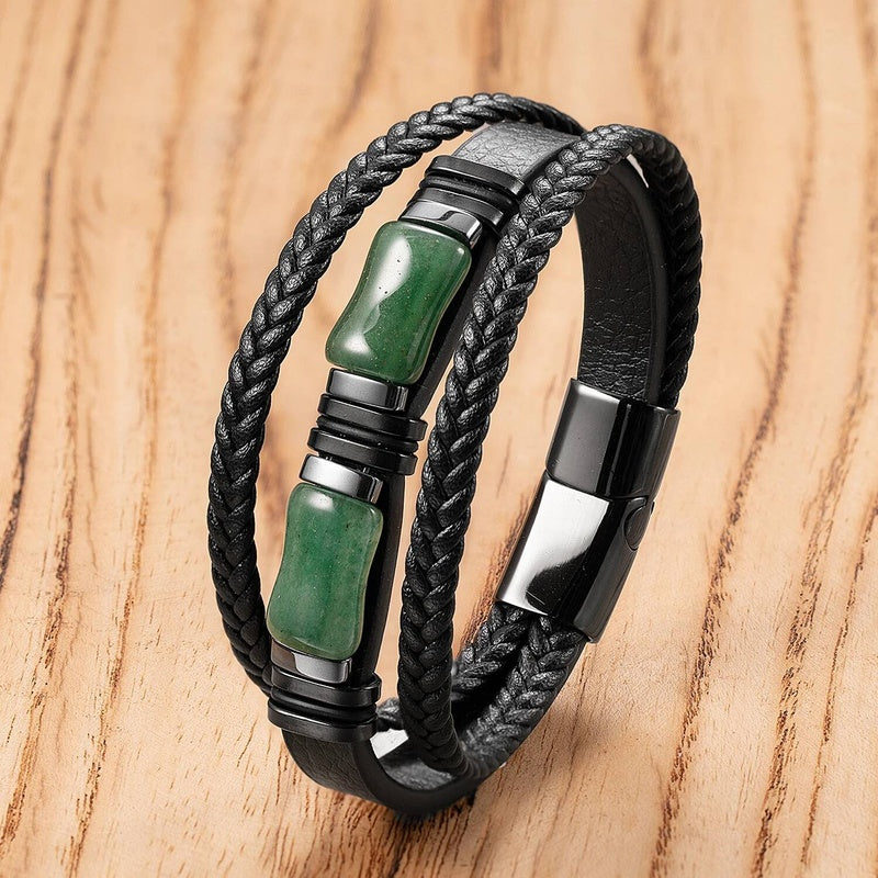 Black Braided Leather Bracelet with Green Jade Beads - Stylish Multi-Layer Magnetic Clasp Jewelry for Casual Wear and Gifts Style-C