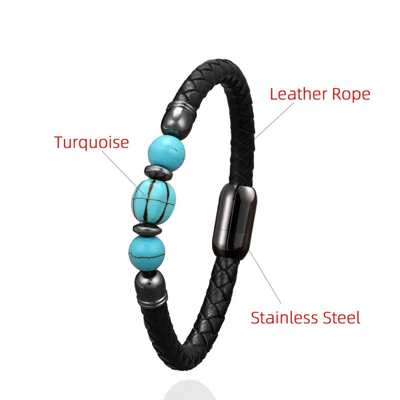 Trendy Turquoise Beaded Bracelet Classic Woven Leather Rope Mens Bracelets Stainless Steel Magnetic Buckle Handmade Jewelry