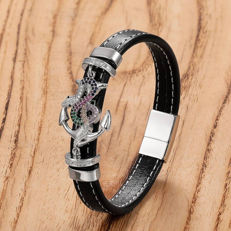 Fashion Punk Stainless Steel Anchor Bracelets Genuine Leather Bangles for Men Bracelet Rock Hip Hop Jewelry White-B