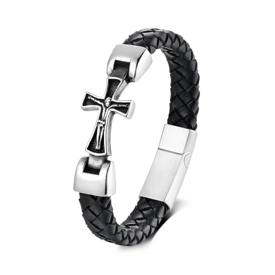 Men’s Leather Cross Bracelet – 316L Stainless Steel Christian Jewelry, Gothic Punk Wristband with Braided Strap Style A