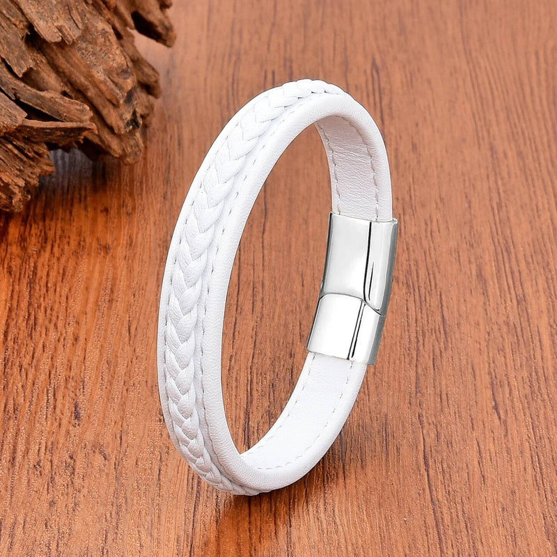Vintage Men Europe and America Stainless Steel Magnet Open Bangle Multi-Size Woven Leather Hand Rope Classic Party Gift Present Style A-White