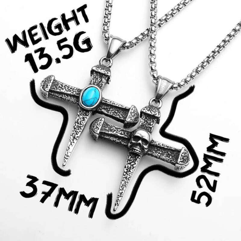 316L Stainless Steel Nail Cross Pendant Necklace – Skull & Turquoise Gothic Design