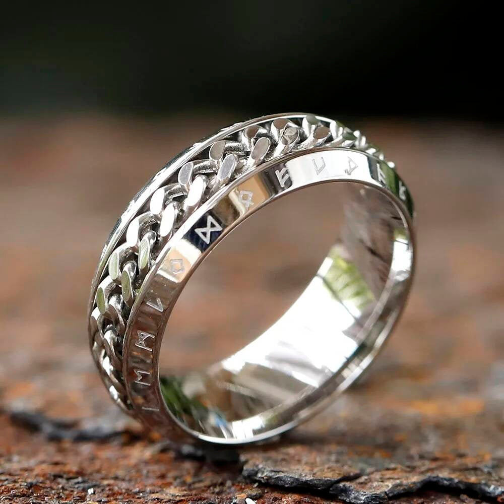 Rotating Rune Chain Ring – 8 mm Titanium Steel Viking Fidget Spinner Band steel