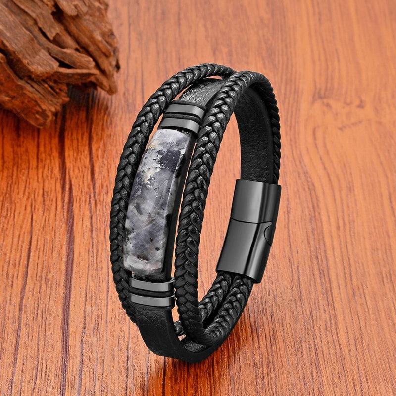 Black Braided Leather Bracelet with Green Jade Beads - Stylish Multi-Layer Magnetic Clasp Jewelry for Casual Wear and Gifts Style F