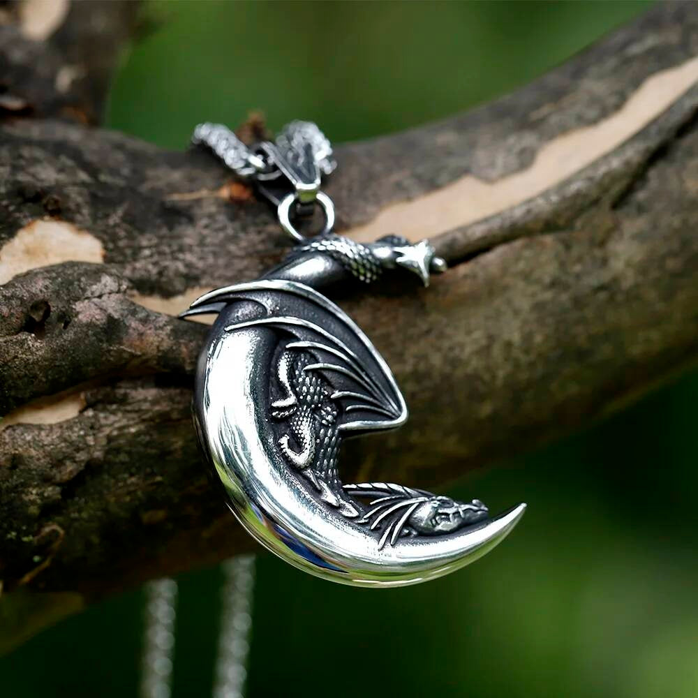 Dragon Moon Pendant Necklace – Stainless Steel Fantasy Jewelry