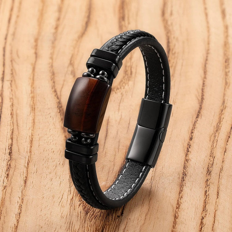 Black Braided Leather Bracelet with Green Jade Beads - Stylish Multi-Layer Magnetic Clasp Jewelry for Casual Wear and Gifts Red Tiger Eye