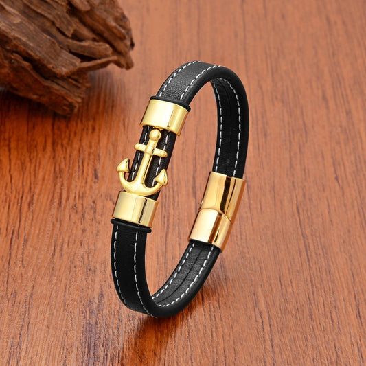 Navy Style Gold Plate Stainless Steel Anchor Bracelet Women, Fashion Handmade Leather Bracelets for Men, Mother's Day Gift Gold