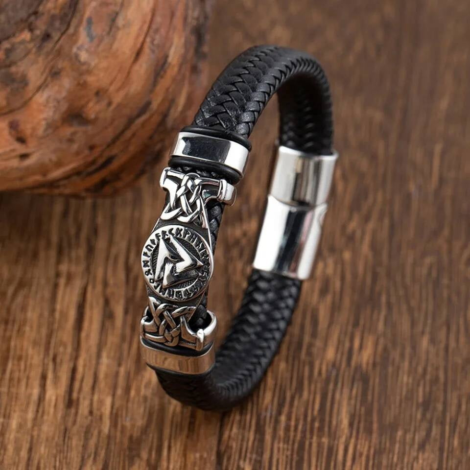 Viking Rune Leather Bracelet – Norse Symbol Stainless Steel & Braided Leather Wristband